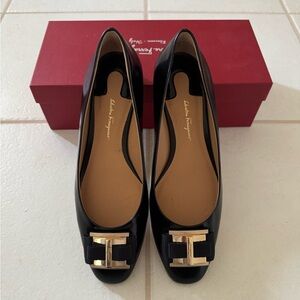 Salvatore Ferragamo - Prato Black Leather Ballerina Flats, Size 9.5 B